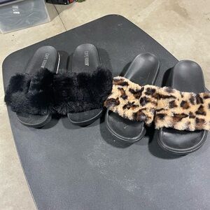 Cape Robbin Black and Leopard Fur Sandals